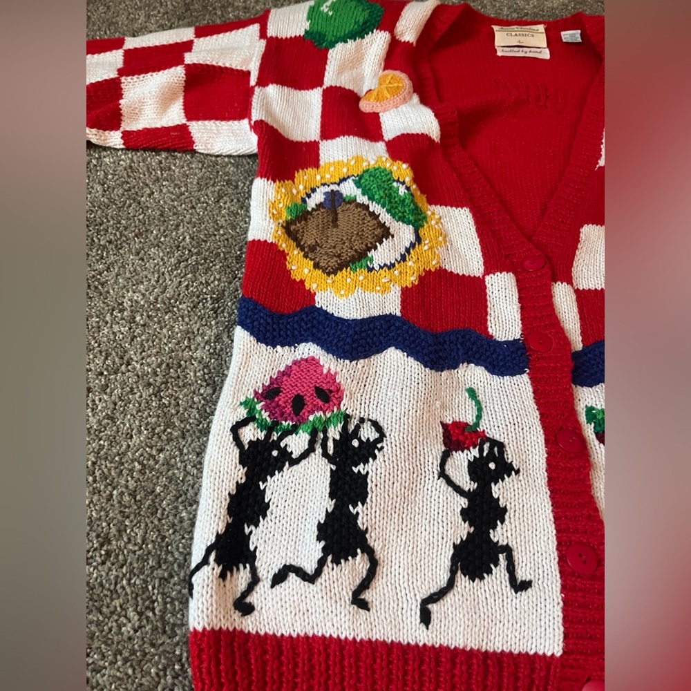Hand Knit vintage Marisa Christina ants marching picnic sweater - size large - Picture 6 of 10